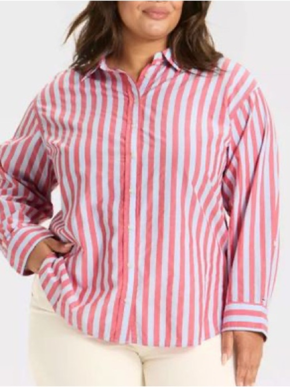 Universal Thread Oversized Long Sleeve Collared Button-Down Shirt, Red/Lt. Blue